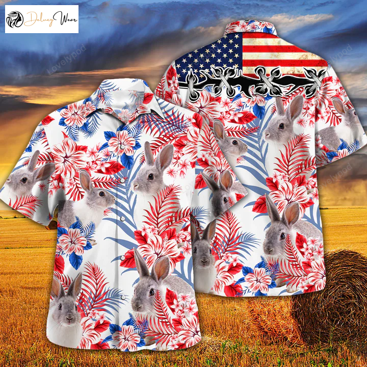 Rabbit Lovers American Flag Hawaiian Shirt: Vintage Flower Design for Men & Women