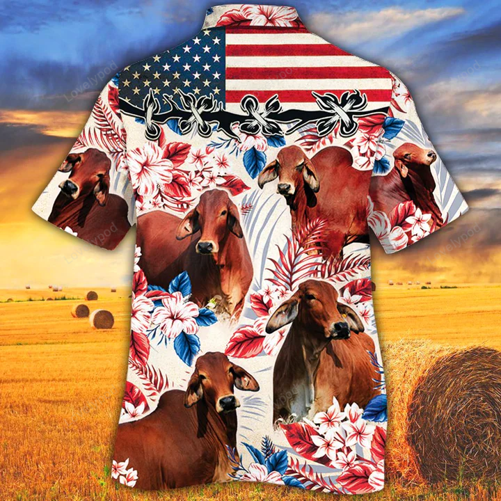 Red Brahman Cattle Lovers Hawaiian Shirt – Vintage Flower Design Men and Women s Cow Print Aloha Shirt