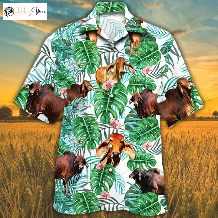 Red Brahman Tropical Plant & Alpaca Hawaiian Shirt Gift for Men Women Fanss for Men & Women - Vibrant & Stylish Tropical Wear