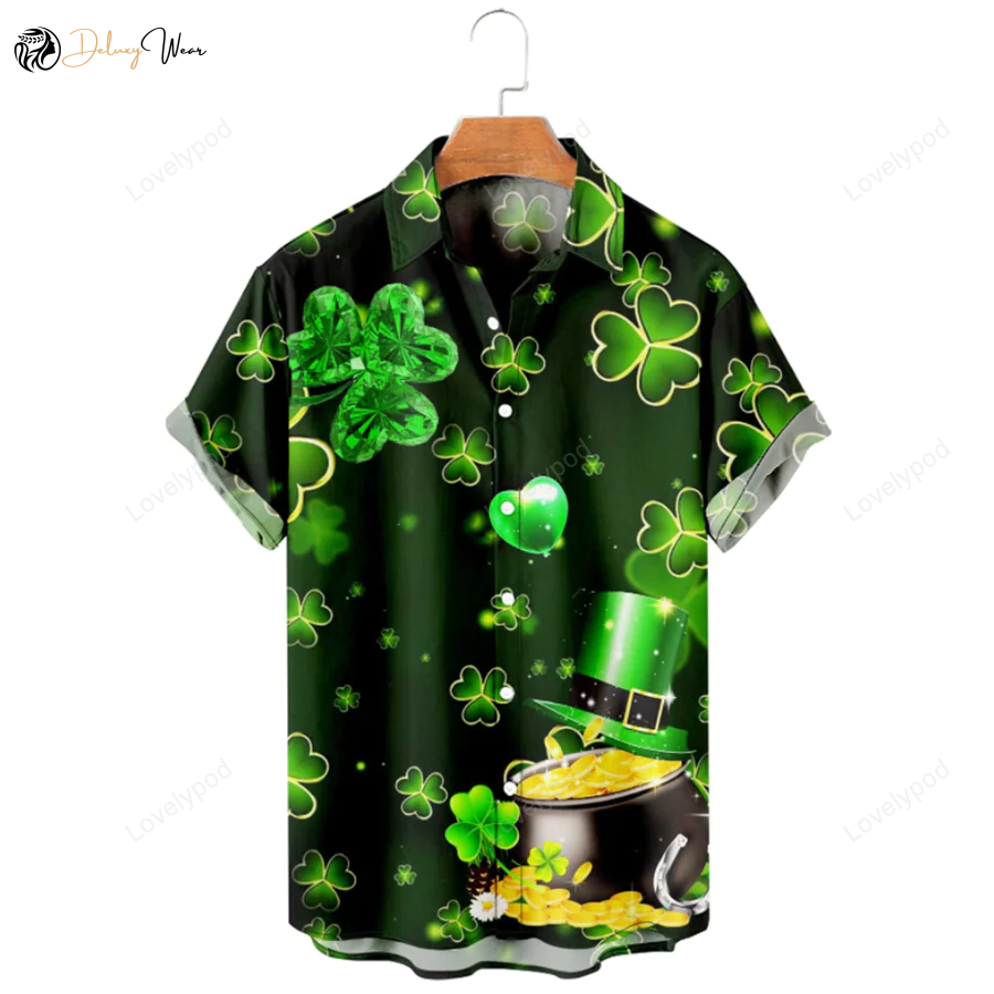 Shamrock Hawaiian Shirt Gift for Men Women Fans: Saint Patrick s Day Golden 3D Shirt Gift for Men Women Fans with a Touch of Gold