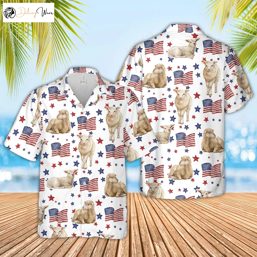 Sheep American Flag Pattern Hawaiian Shirt: Funny 4th of July Apparel