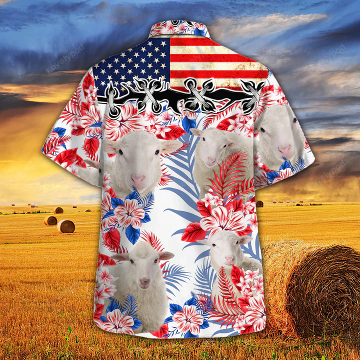 Sheep Lovers American Flag Hawaiian Shirt – Vintage Flower Print for Men and Women