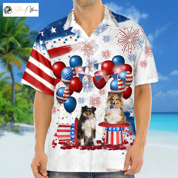 4th of July Hawaiian Shirt Gift for Men Women Fans: Shetland Sheepdog Independence Day Attire for Men & Women