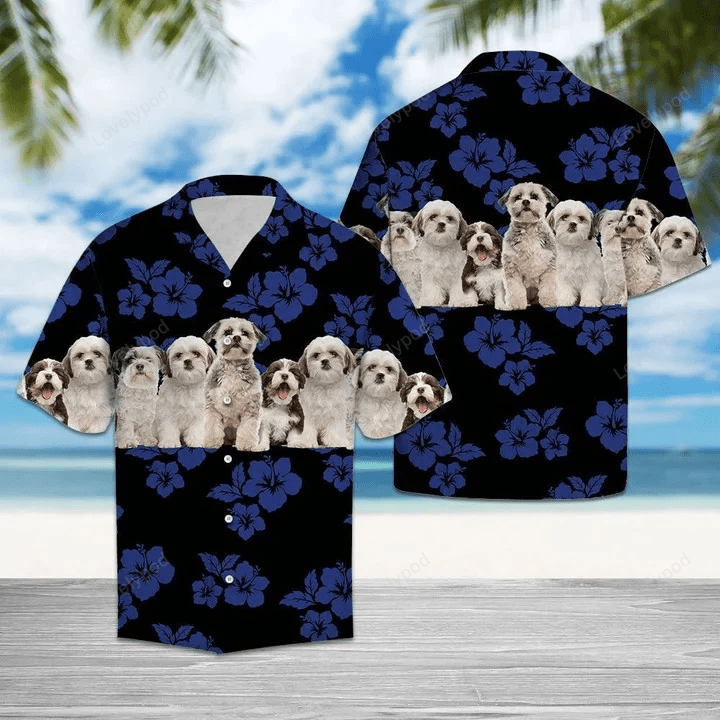 Shih Tzu & Dog Hawaiian Shirt: Tropical Hibiscus on Black Pattern