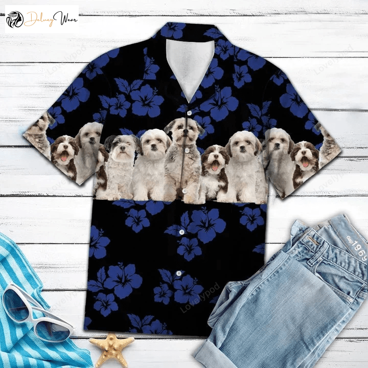 Shih Tzu & Dog Hawaiian Shirt: Tropical Hibiscus on Black Pattern