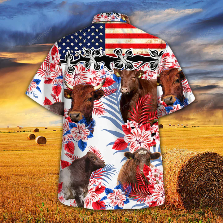 Shorthorn Cattle Lovers Hawaiian Shirt: American Flag & Vintage Cow Aloha Men s Hawaiian Shirt