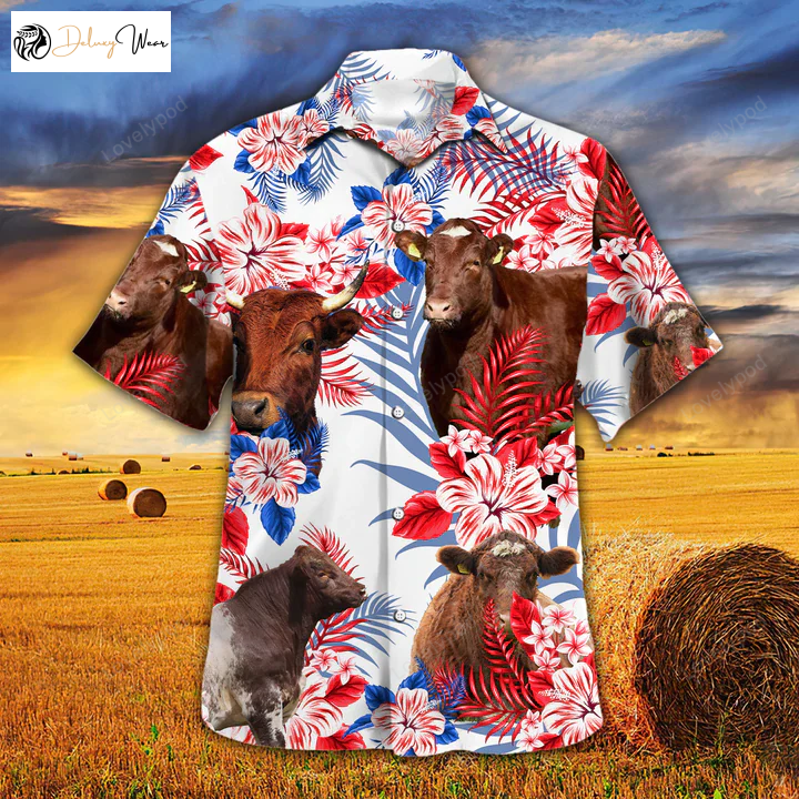 Shorthorn Cattle Lovers Hawaiian Shirt: American Flag & Vintage Cow Aloha Men s Hawaiian Shirt