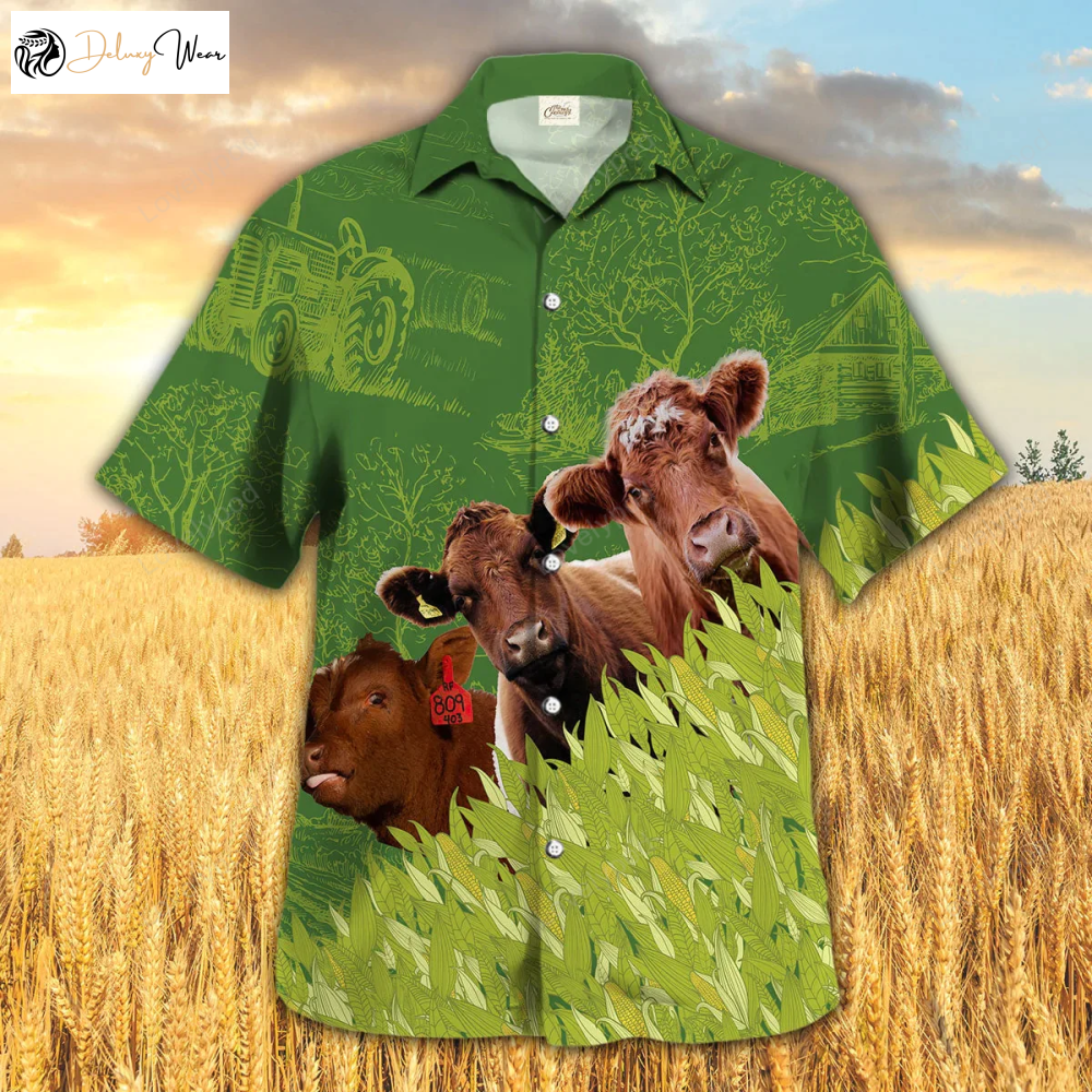 Shorthorn Farm Corn Pattern Hawaiian Shirt – Cow Print Summer Men & Women s Hawaiian Shirt