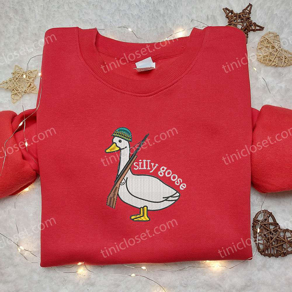 Silly Goose with Gun Embroidered Shirt – Animal & Funny Tee Silly Goose with Gun Embroidered Shirt – Animal & Funny Tee