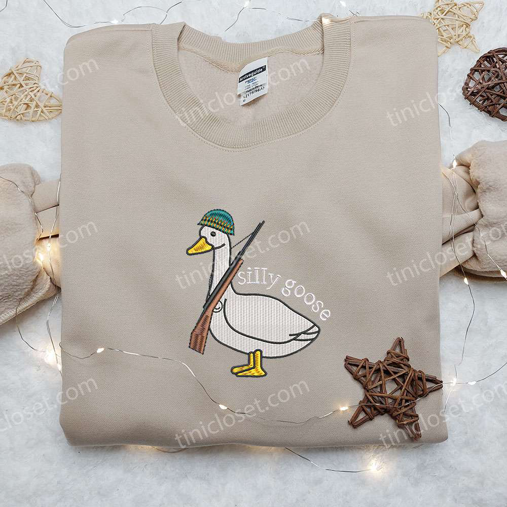 Silly Goose with Gun Embroidered Shirt – Animal & Funny Tee Silly Goose with Gun Embroidered Shirt – Animal & Funny Tee