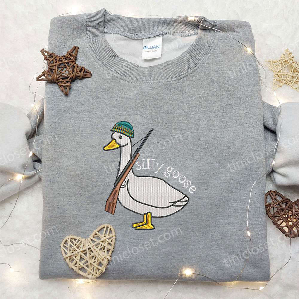 Silly Goose with Gun Embroidered Shirt – Animal & Funny Tee Silly Goose with Gun Embroidered Shirt – Animal & Funny Tee