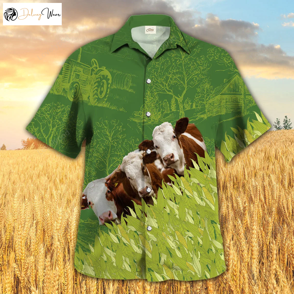 Simmental Farm Corn Pattern Hawaiian Shirt – Cow Print Summer Shirt for Men & Women