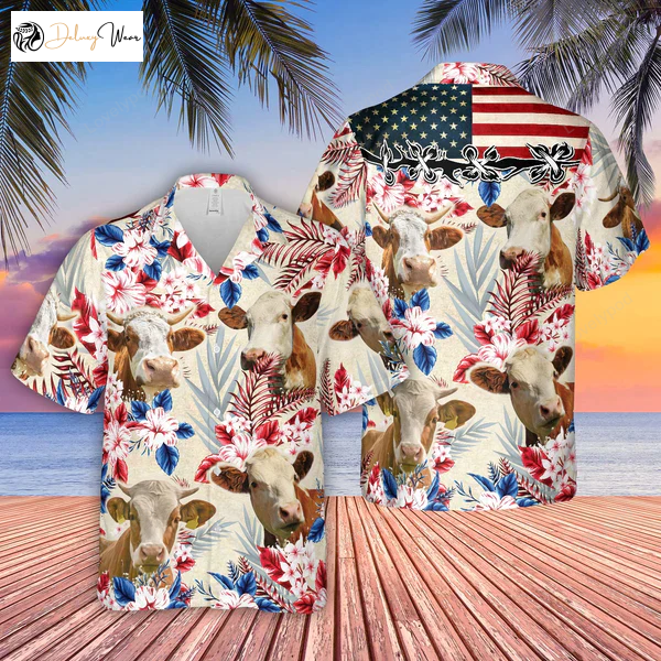 Simmental Pattern US FLAG Hawaiian Shirt Gift for Men Women Fans – Farm Cow Print for Men & Women