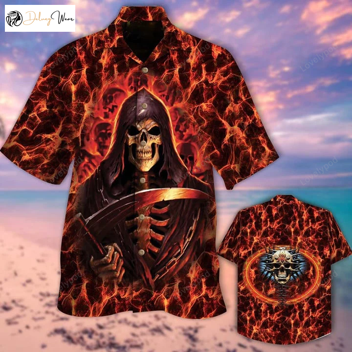 Hawaiian Shirt Gift for Men Women Fans for Halloween: Skull Hook Fir & Short Sleeves