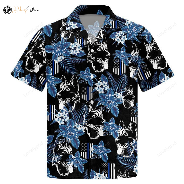 German Shepherd Police Hawaiian Shirt – Thin Blue Line Seamless Pattern Men s Hawaiian Shirt