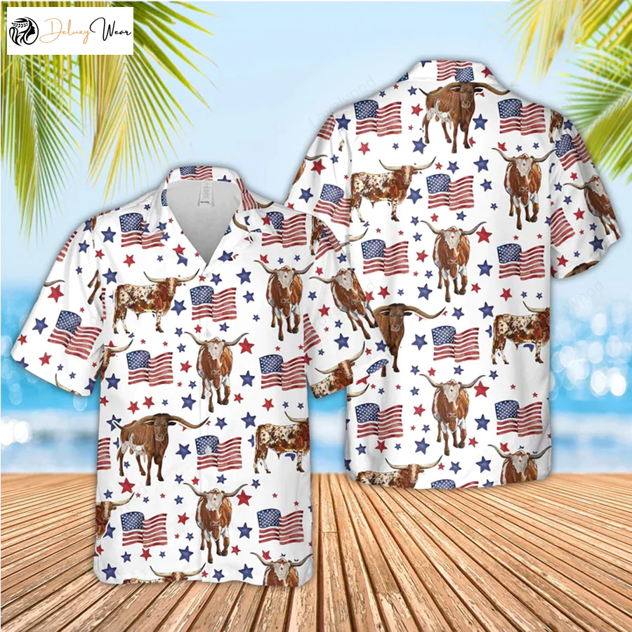 Tx Longhorn American Flag Hawaiian Shirt – Funny Cow & 4th of July Prints