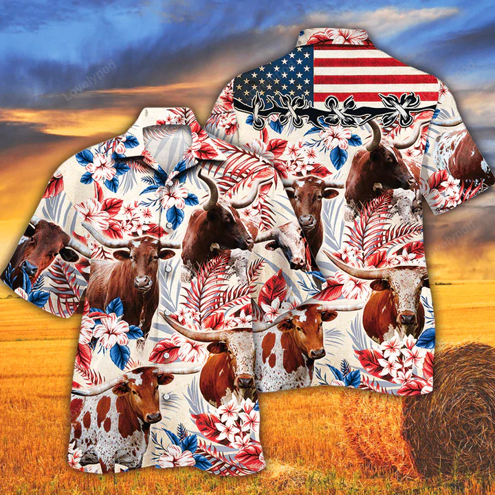 Tx Longhorn Cattle Lovers American Flag Hawaiian Shirt – Cow Vintage Flower Men & Women
