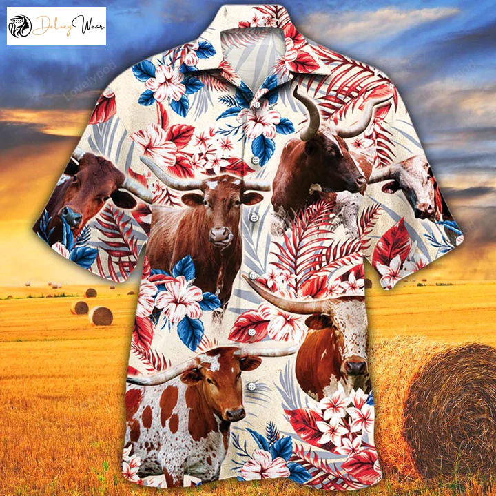 Tx Longhorn Cattle Lovers American Flag Hawaiian Shirt – Cow Vintage Flower Men & Women