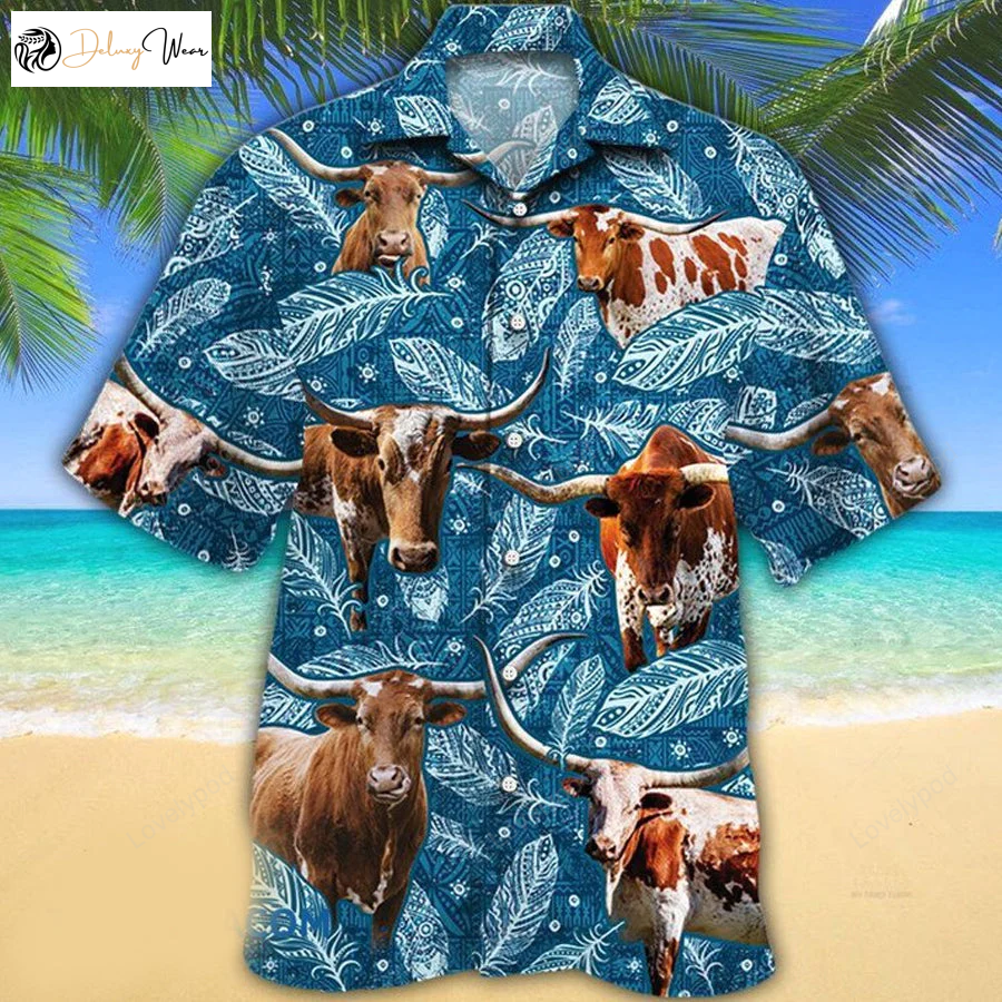 Shop the Stylish TX Longhorn Cattle Lovers Hawaiian Shirt Gift for Men Women Fans with Blue Feather Design