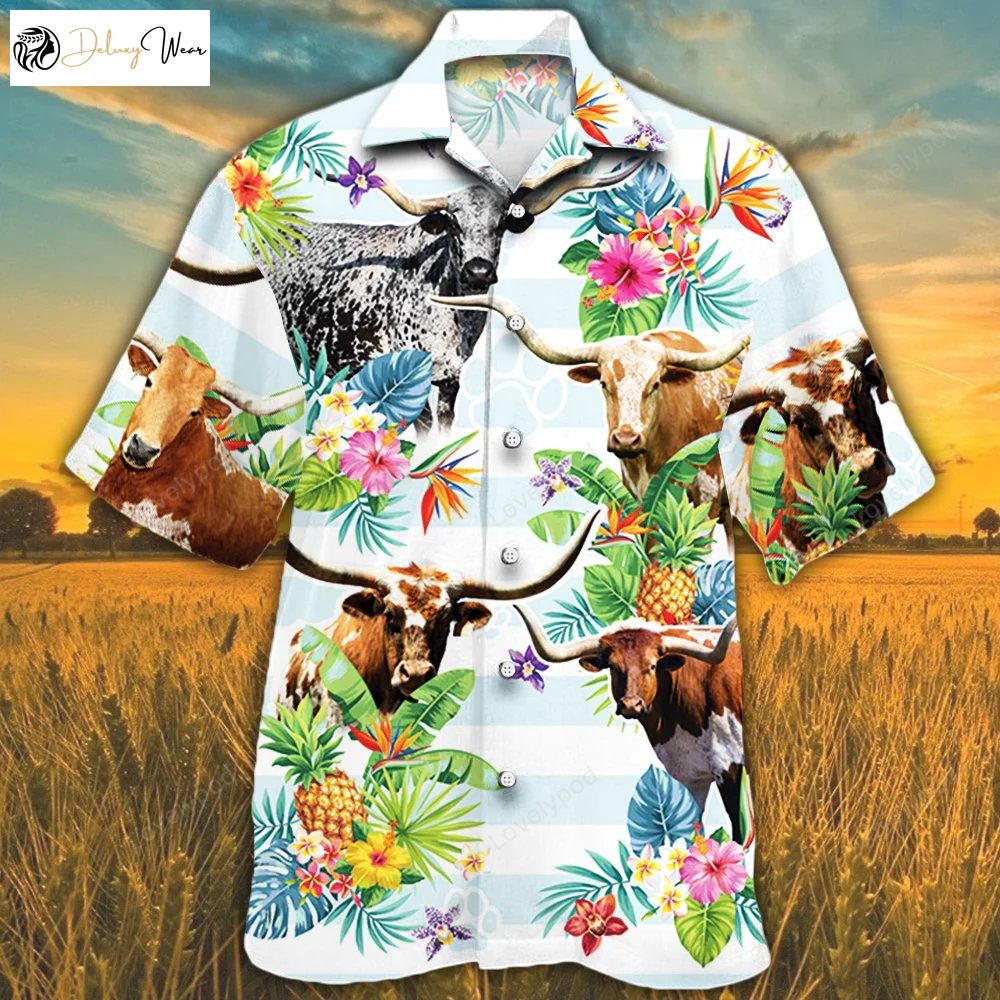 Texas Longhorn Cattle Tropical Flower Hawaiian Shirt Gift for Men Women Fans: Embrace Your Love for TX Longhorns!
