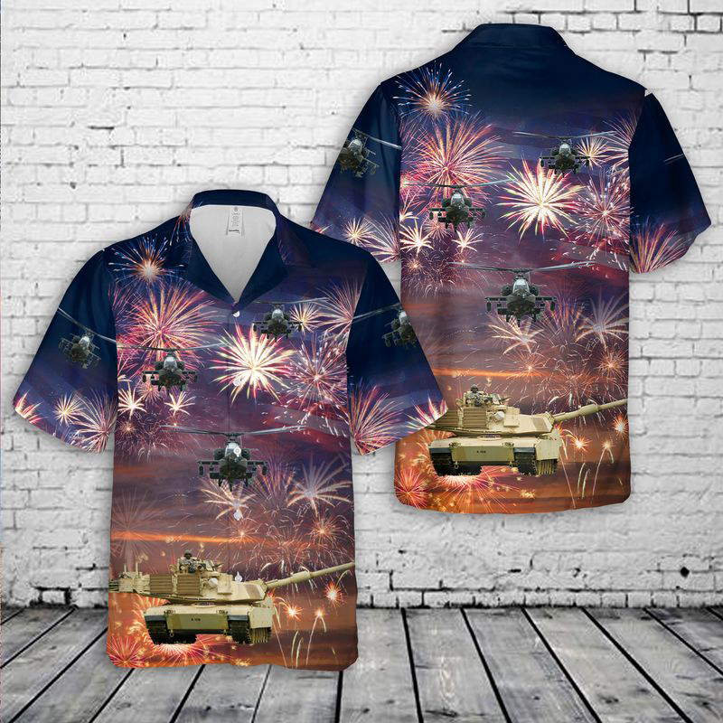 US Army M1 Abrams Main Battle Tank and a AH-64 Attack helicopter Firework Hawaiian Shirt Gift for Men Dad Father Gift for Men Dad Father