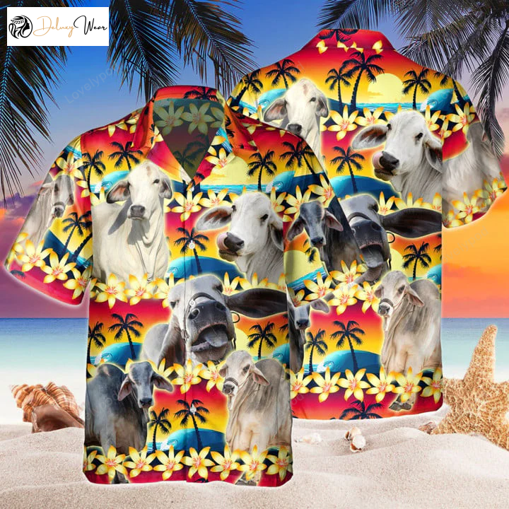 Vintage Brahman Hawaiian Shirt Gift for Men Women Fans - Tropical Sunset Hibiscus & Palm Tree Hawaii Shirt Gift for Men Women Fans for Men