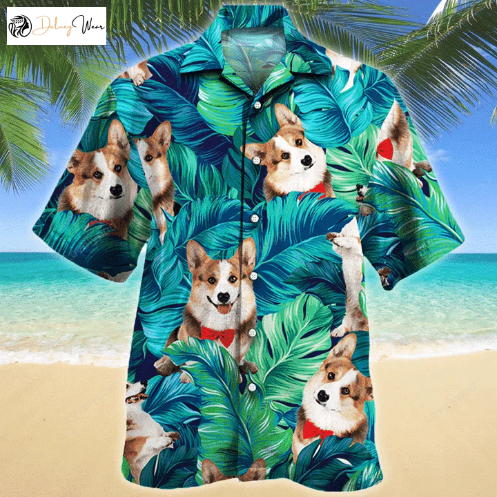 Stylish Welsh Corgi Dog Hawaiian Shirt with Green and Blue Stripes – Perfect for Dog Lovers!