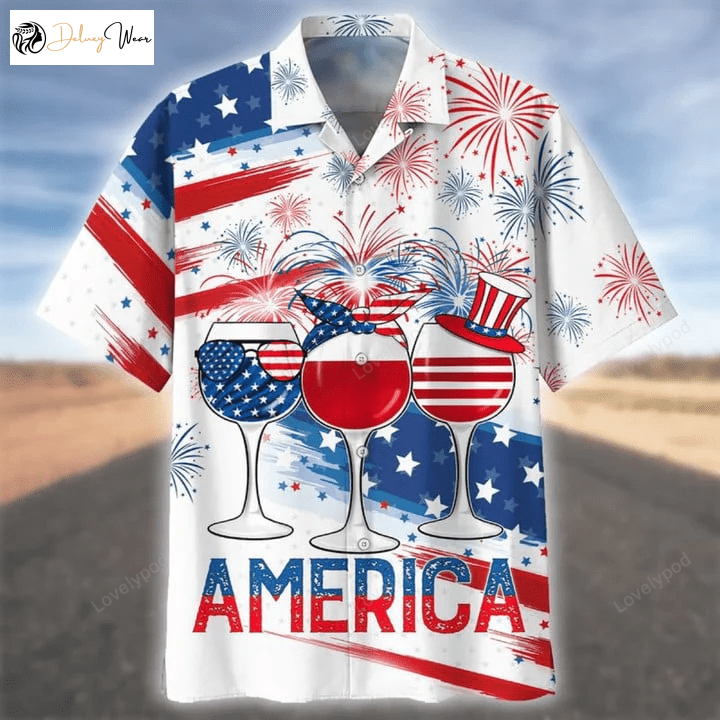 USA 4th of Jul Hawaiian Shirt Gift for Men Women Fans: 3D All Over Print Glass Drinking Design – Cheer Up Independence Day America