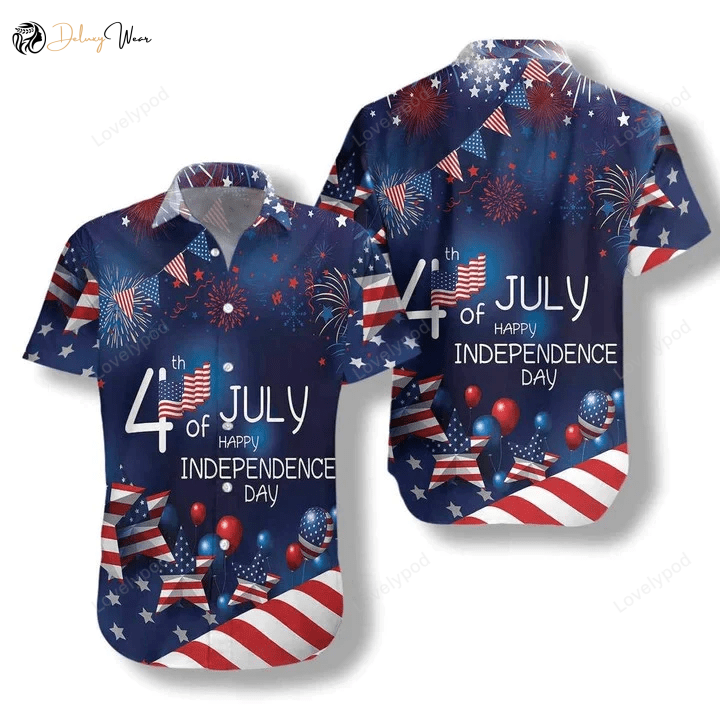 4th of July Watercolor Hawaiian Shirt Gift for Men Women Fans: American Flag Fireworks Design