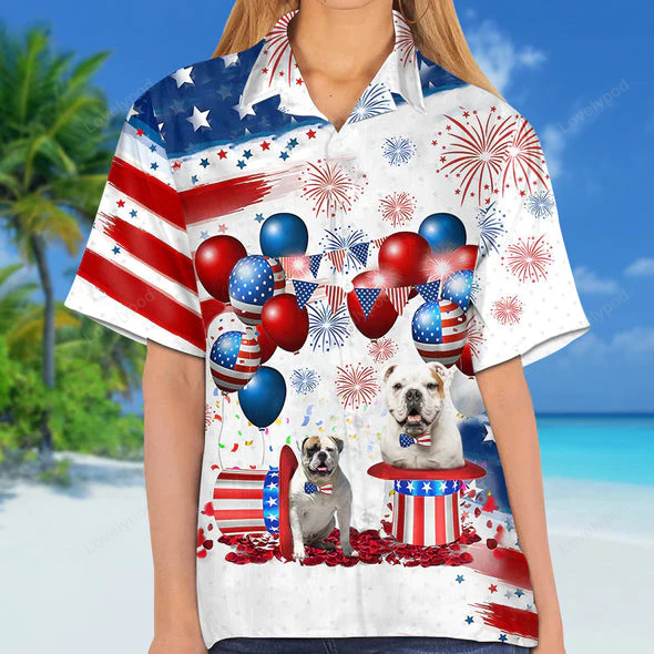 4th of July Hawaiian Shirt Gift for Men Women Fans: American Bulldog Independence Day Apparel for Men and Women