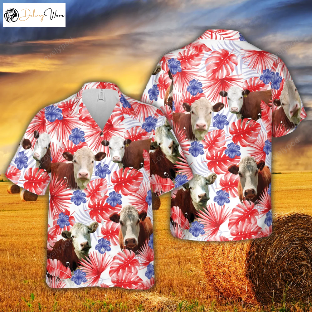 American Colors Herefold Cattle Hawaiian Shirt Gift for Men Women Fans - Cow Print Summer Gift for Men & Women