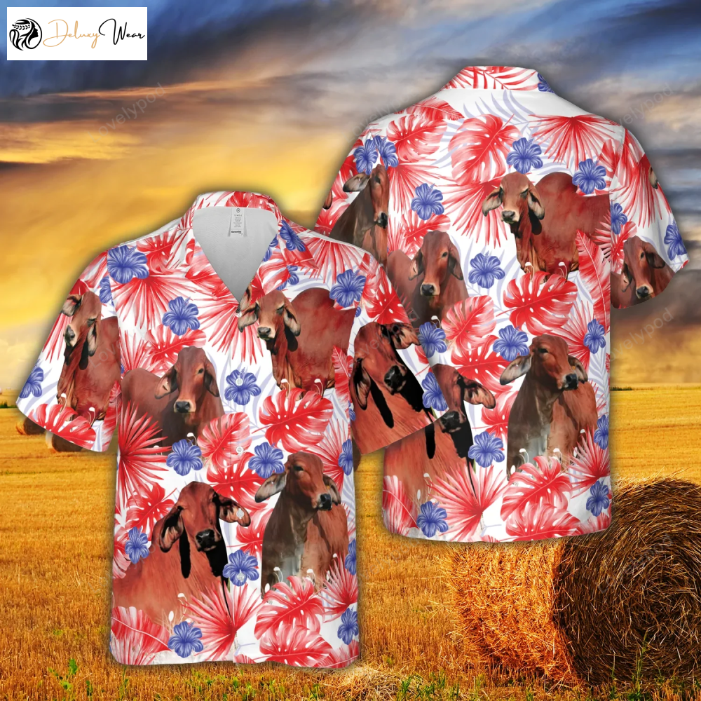 American Colors Red Brahman Cattle Hawaiian Shirt Gift for Men Women Fans – Cow Print Summer Gifts for Men & Women