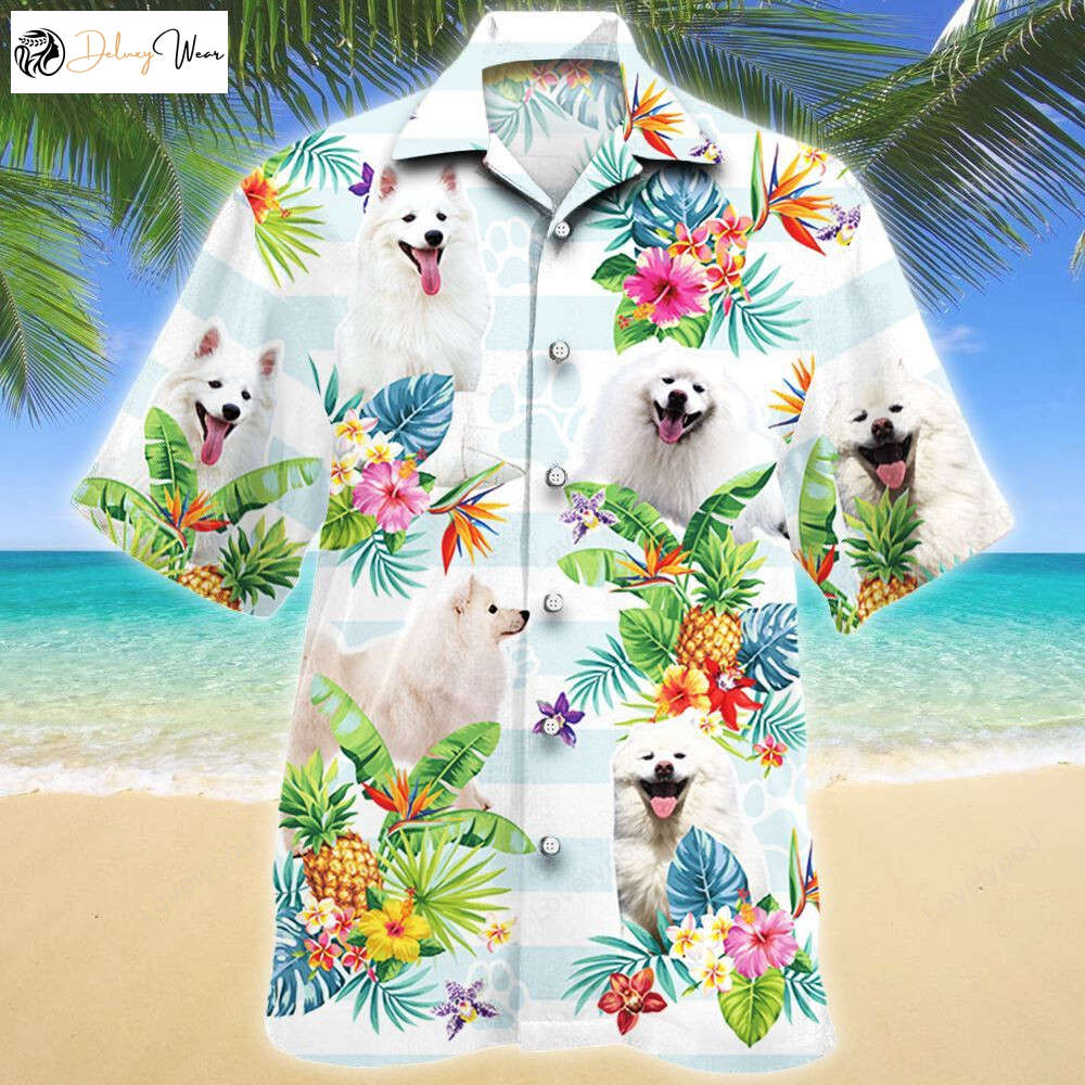 American Eskimo Dog Tropical Flower Hawaii Shirt Gift for Men Women Fans – Men s Short Sleeve Hawaiian Aloha Shirt Gift for Men Women Fans