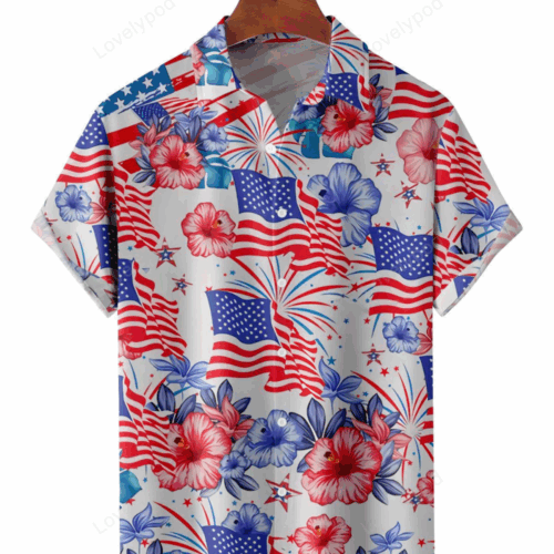 American Flag Flower Casual Men s Hawaiian Shirt Gift for Men Women Fans – 4th of July Celebration Shirt Gift for Men Women Fans