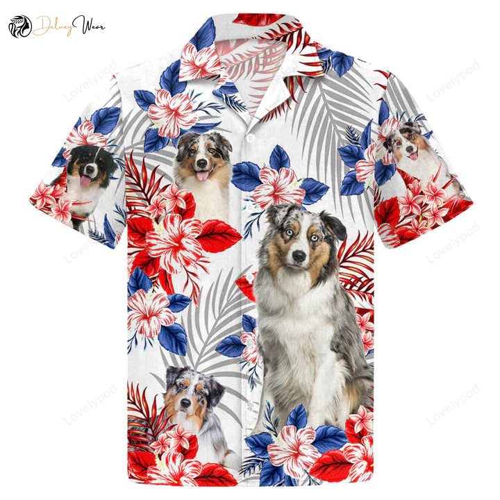 Dog Lovers Unisex Hawaiian Shirt Gift for Men Women Fans: Australian Shepherd American Flag Design