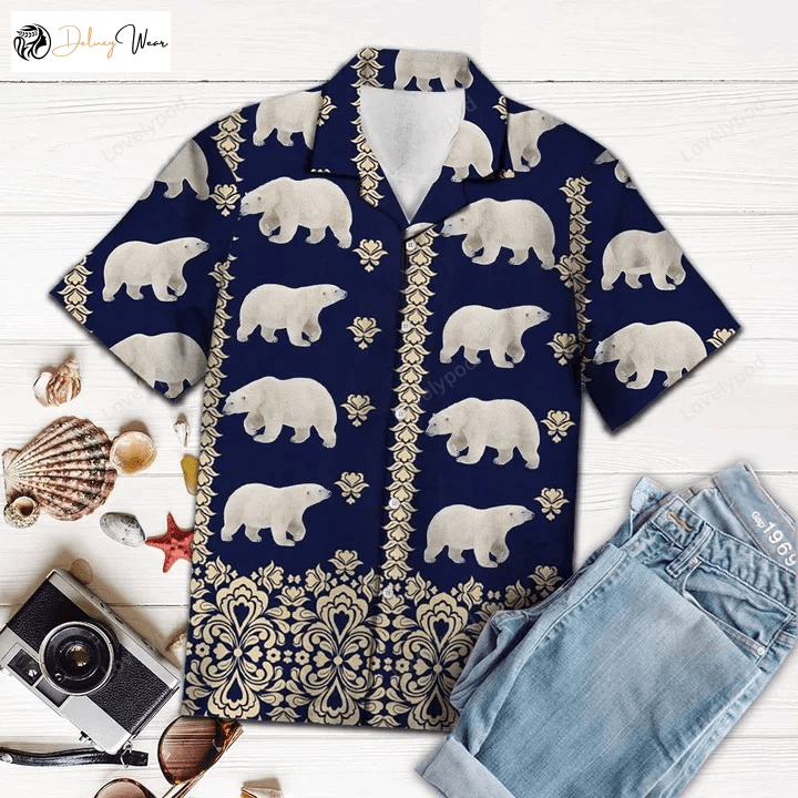 Polar Bear Lover Gift: Navy Pattern Hawaiian Shirt Gift for Men Women Fans – Perfect for Bear Enthusiasts!