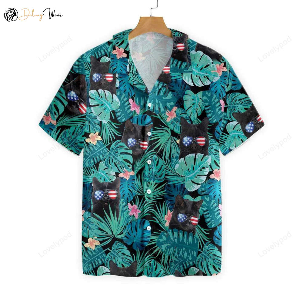 Black Cat Tropical Hawaiian Shirt Gift for Men Women Fans: Vibrant Flowers for 4th Of July & Summer Vacation