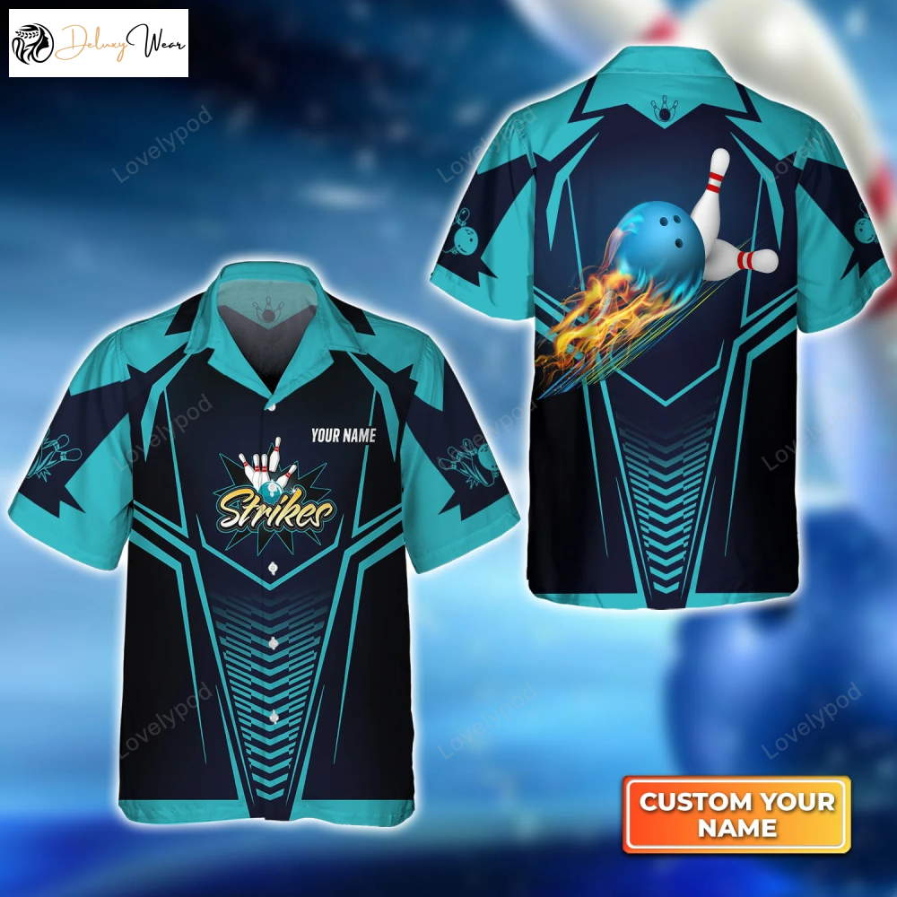Bowling Strikes Blue Hawaiian Shirt Gift for Men Women Fans for Men Women & Bowling Teams – Crashing Pins Design