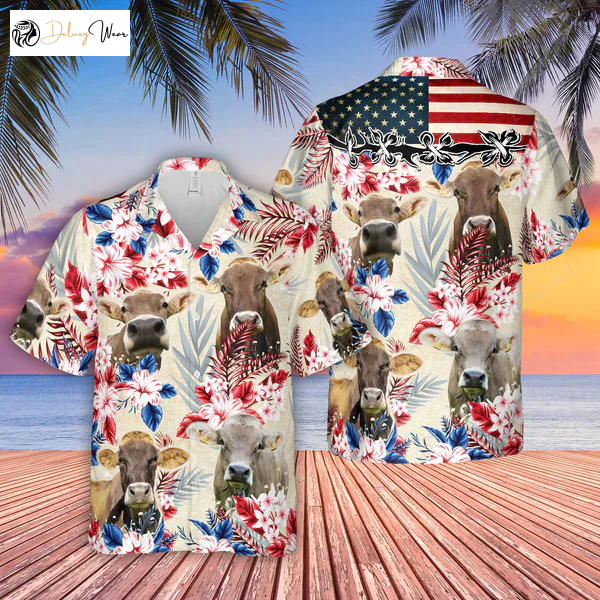 Brown Swiss Pattern US FLAG Hawaiian Shirt Gift for Men Women Fans - Farm Cow Design for Men & Women