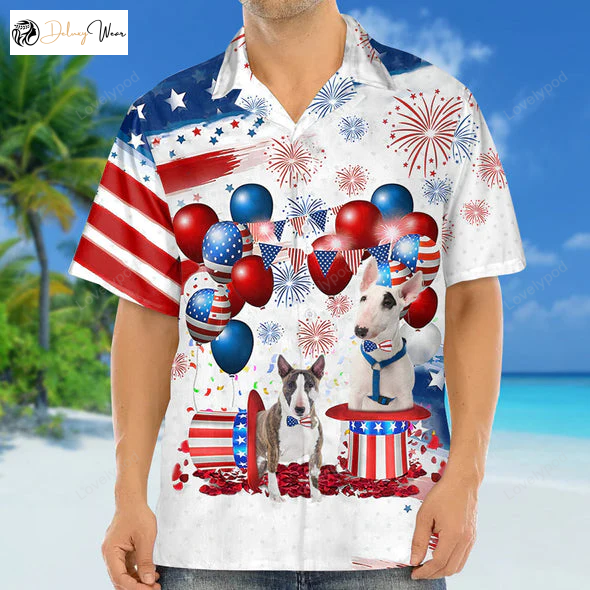 Bull Terrier Independence Day Hawaiian Shirt Gift for Men Women Fans: Men & Women s 4th of July Apparel