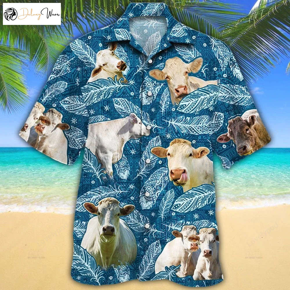 Stylish Charolais Cattle Lovers Hawaiian Shirt Gift for Men Women Fans with Blue Feather Design