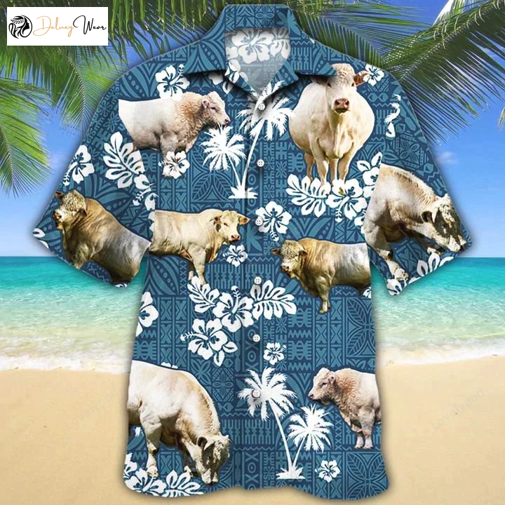 Charolais Cattle Lovers Blue Hawaiian Shirt Gift for Men Women Fans: Tribal Design for Stylish Ranch Enthusiasts