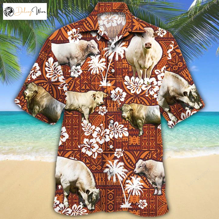 Stylish Charolais Cattle Lovers Red Hawaiian Shirt Gift for Men Women Fans Tribal Design