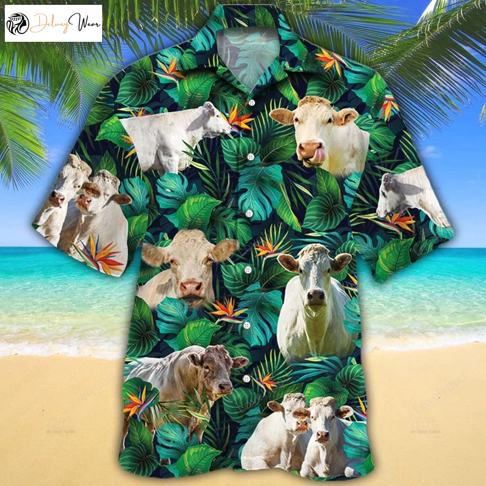 Charolais Cattle Lovers: Tropical Leaves Hawaiian Shirt Gift for Men Women Fans – Exquisite Style for Cattle Enthusiasts