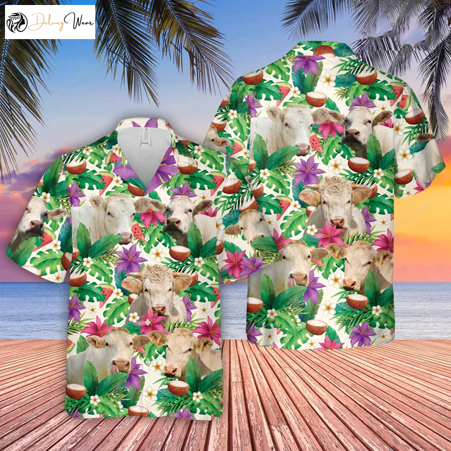 Charolais Summer Floral 3D Hawaiian Shirt Gift for Men Women Fans – Farm Lover s Hawaiian Casual Button Down Shirt Gift for Men Women Fans