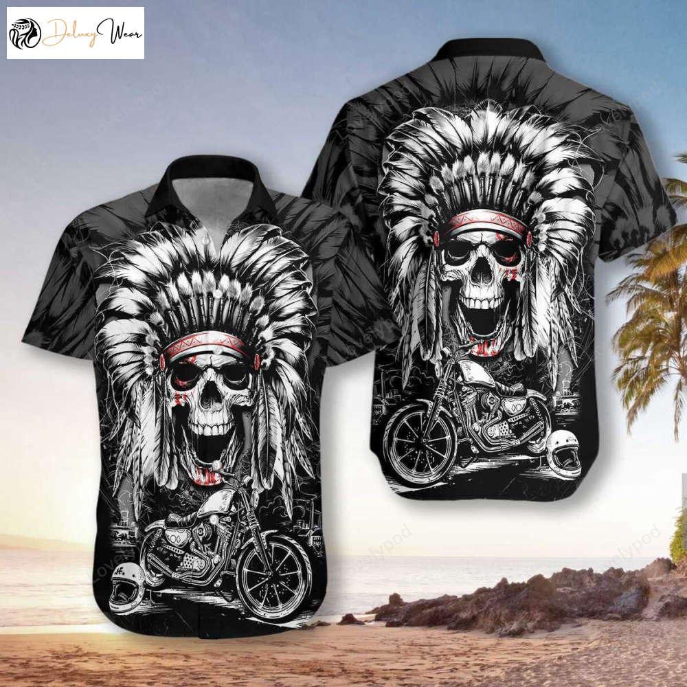 Unisex Chief Skull Motorcycle Hawaiian Shirt Gift for Men Women Fans – Stylish Skull Flower Aloha Design