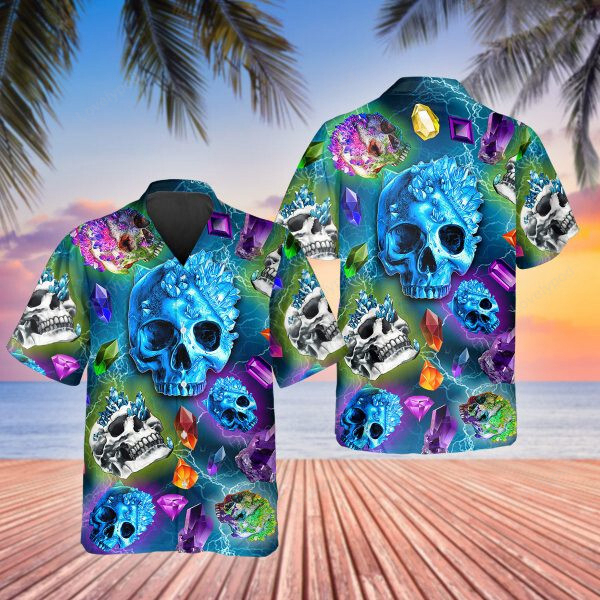 Colorful Diamond Skull 3D Hawaiian Shirt Gift for Men Women Fans for Men: Stylish Skull Flower Aloha Print