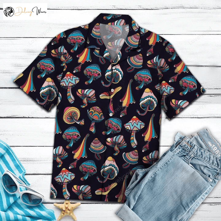 Vibrant Mushroom Hawaiian Shirt Gift for Men Women Fans on Black Background – Eye-catching and Colorful Design