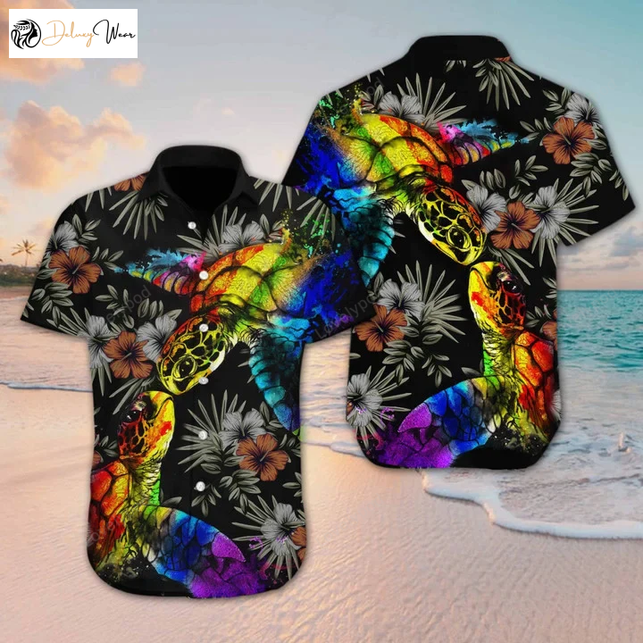 Vibrant LGBT Floral Hawaiian Shirt Gift for Men Women Fans with Colorful Turtle Design