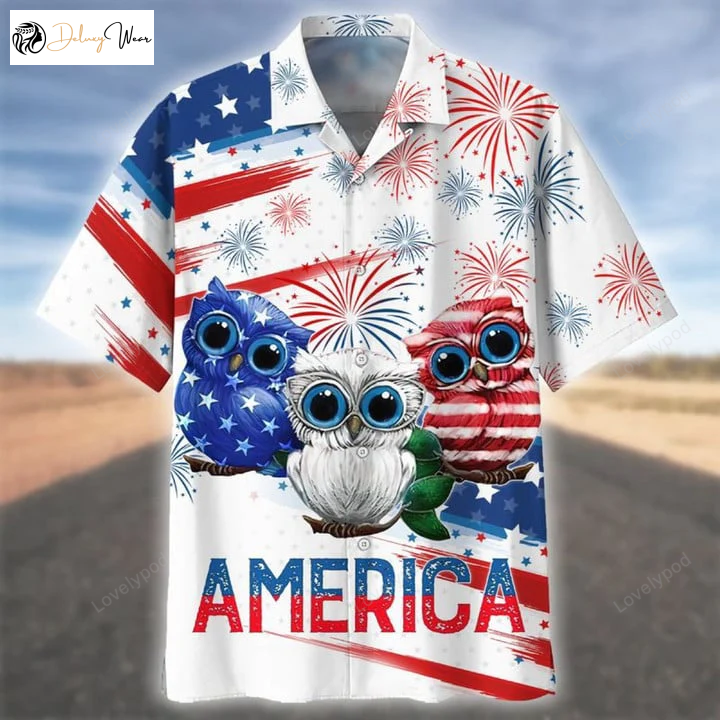 USA Owl Hawaiian Shirt Gift for Men Women Fans for Independence Day: Cool Short Sleeve Design for Men & Women
